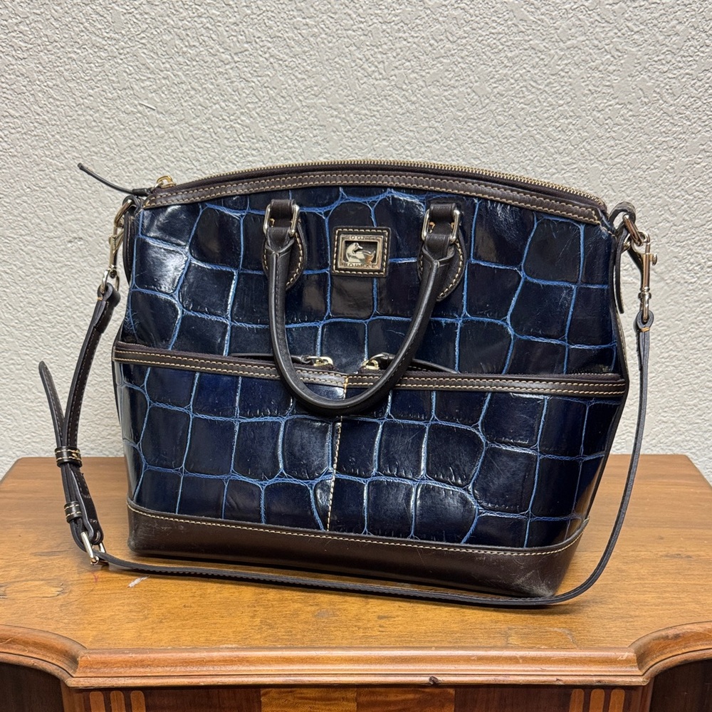Dooney & Bourke Double Pocket Satchel Dillen in Blue Croc Embossed Leather